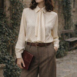 Vintage Blassport Ivory Stripe Secretary Women's Blouse Bow Tie Neck Size 4